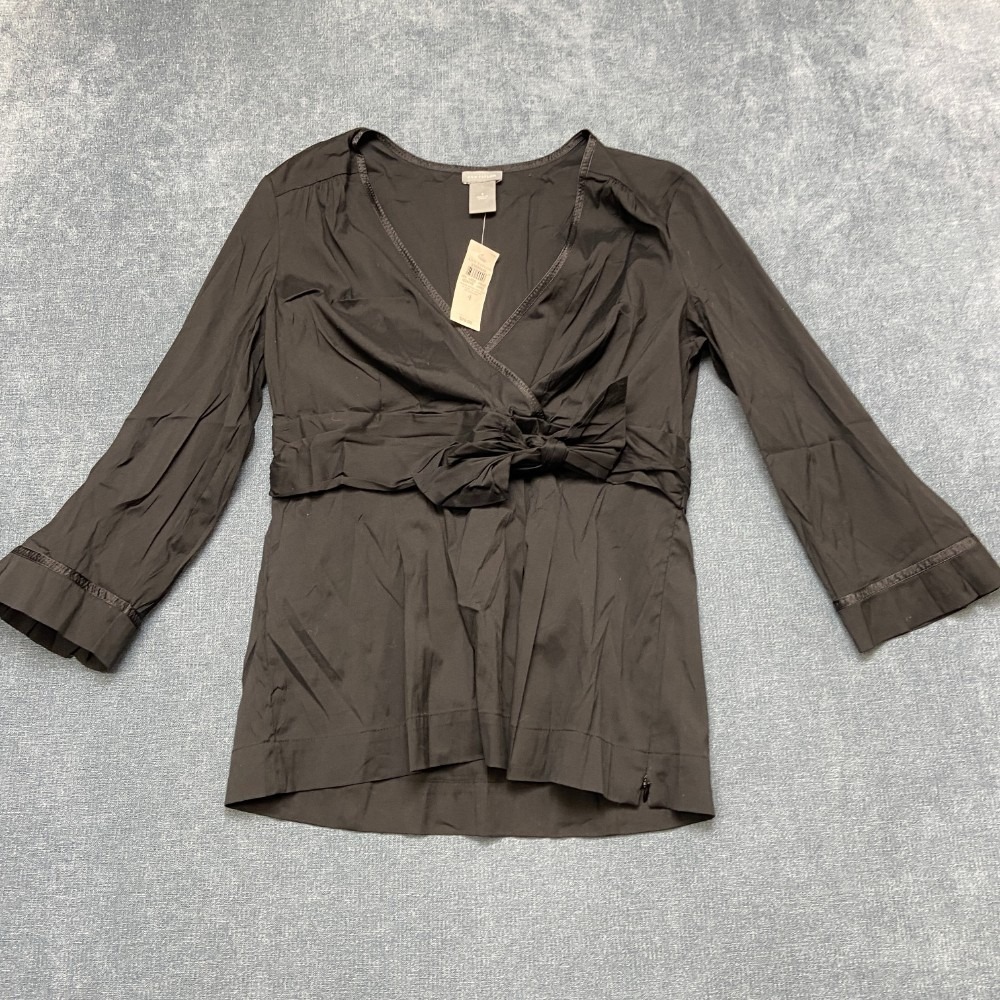 Ann Taylor Wrap Top Womens 4 Black Ankle Zip Streetwear Outdoor Surplice Neck